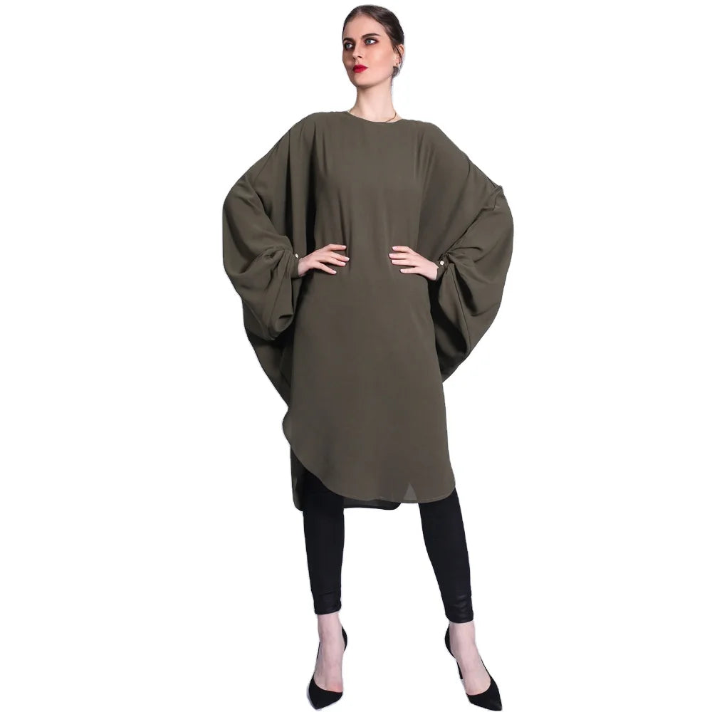 French UK Europe Free Size Plain Color O Neck Button Closure Cuff batwing Sleeve Muslim Women Long Tops
