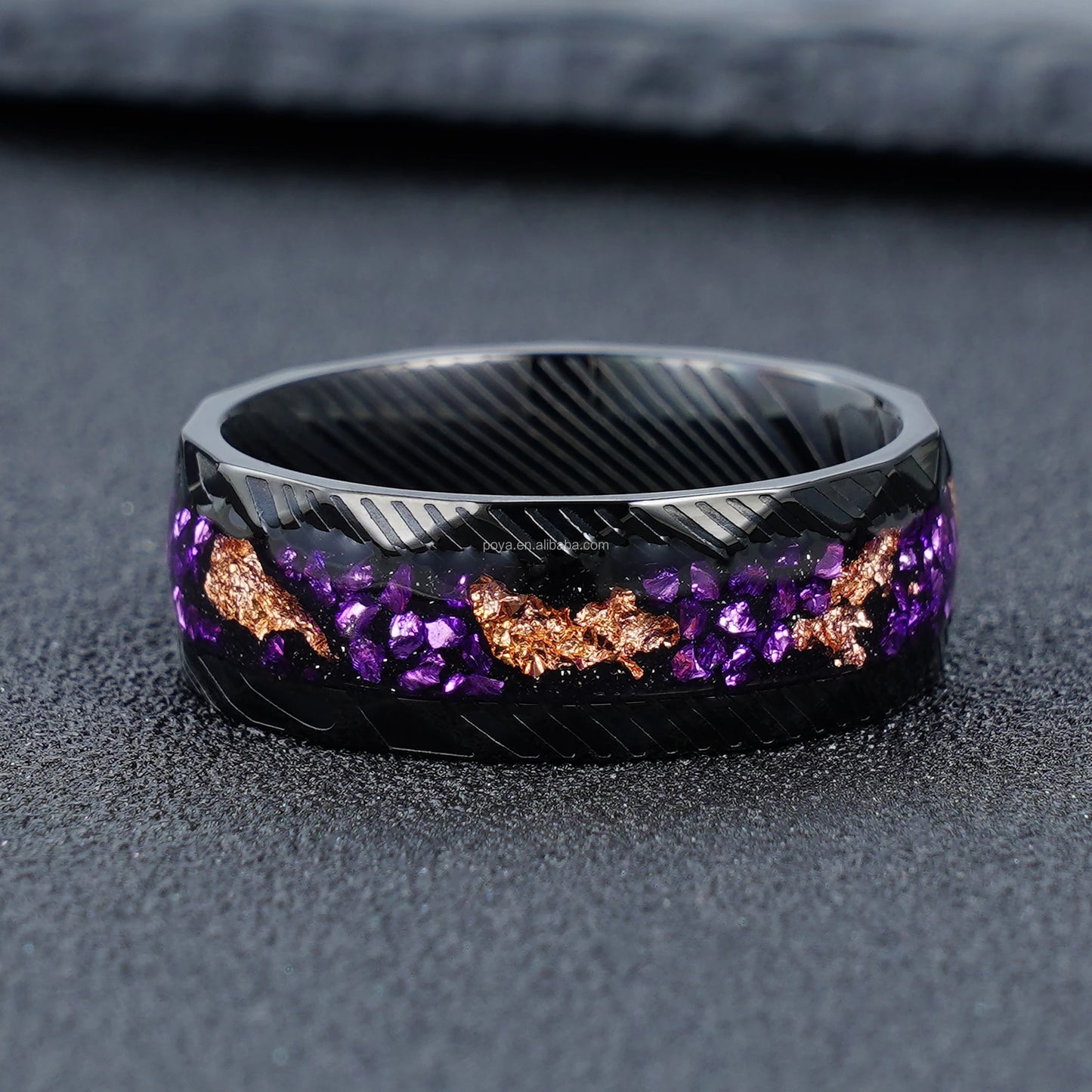 POYA Vintage Style 8mm Purple Gravel Gold Foil Inlay Black Steel Ring Rose Gold Oval Cut Stainless Steel Fashion Jewelry Ring