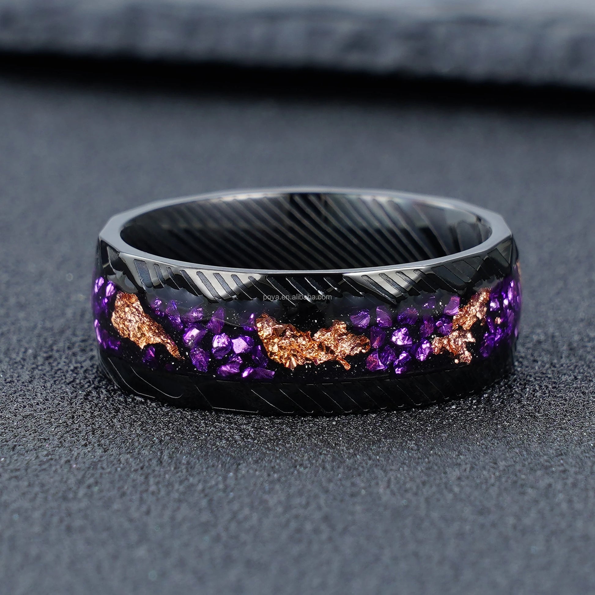 POYA Vintage Style 8mm Purple Gravel Gold Foil Inlay Black Steel Ring Rose Gold Oval Cut Stainless Steel Fashion Jewelry Ring