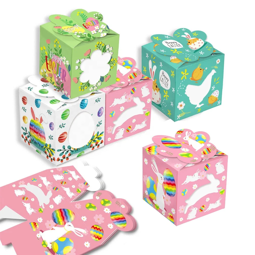 12 Pcs/Pack Clear Windows Easter Bunny Paper Candy Sweet Gift Packaging Box for Happy Easter Party Decor