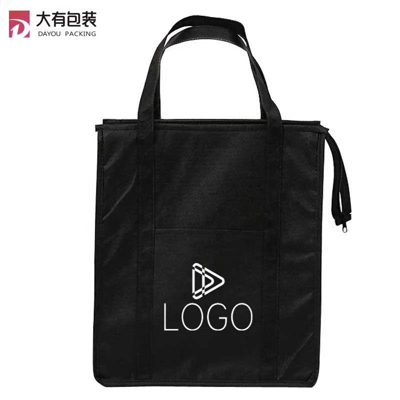 Hot Sale Trendy Black Insulated Portable Lunch Bag with Zipper Non-Woven Cooler Bag for Outdoor Picnic Food Storage