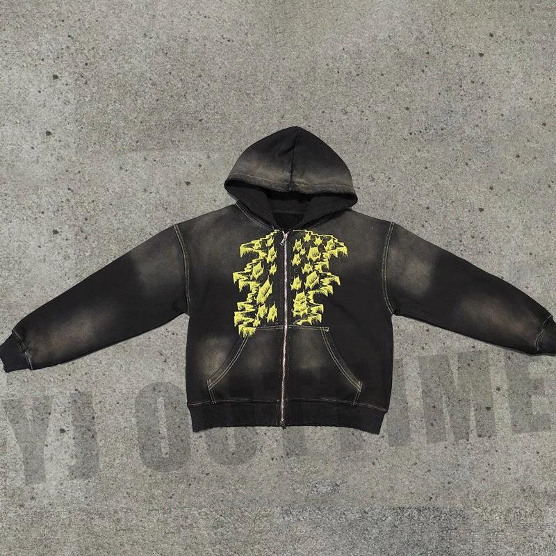 Custom Streetwear Zip-up Vintage DTG Print Hoodie Oem Acid Wash Cotton Hoodie for Man