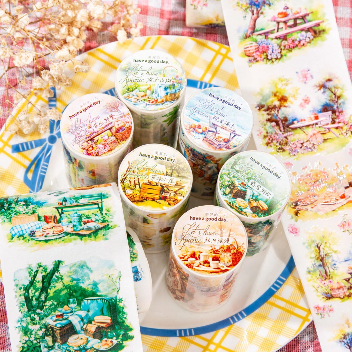 2M/Roll Acrylic Hot Melt Waterproof Paper Tape Picnic Together Series INS Landscape DIY Material Recycled Stickers