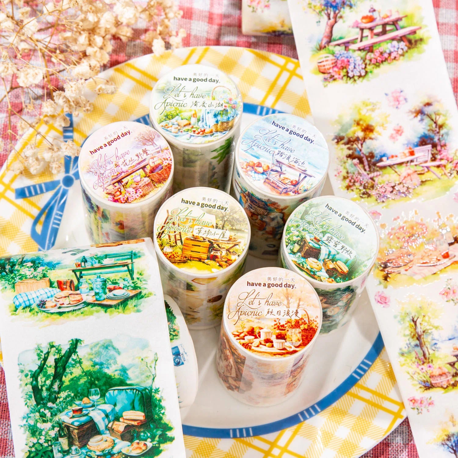 2M/Roll Acrylic Hot Melt Waterproof Paper Tape Picnic Together Series INS Landscape DIY Material Recycled Stickers
