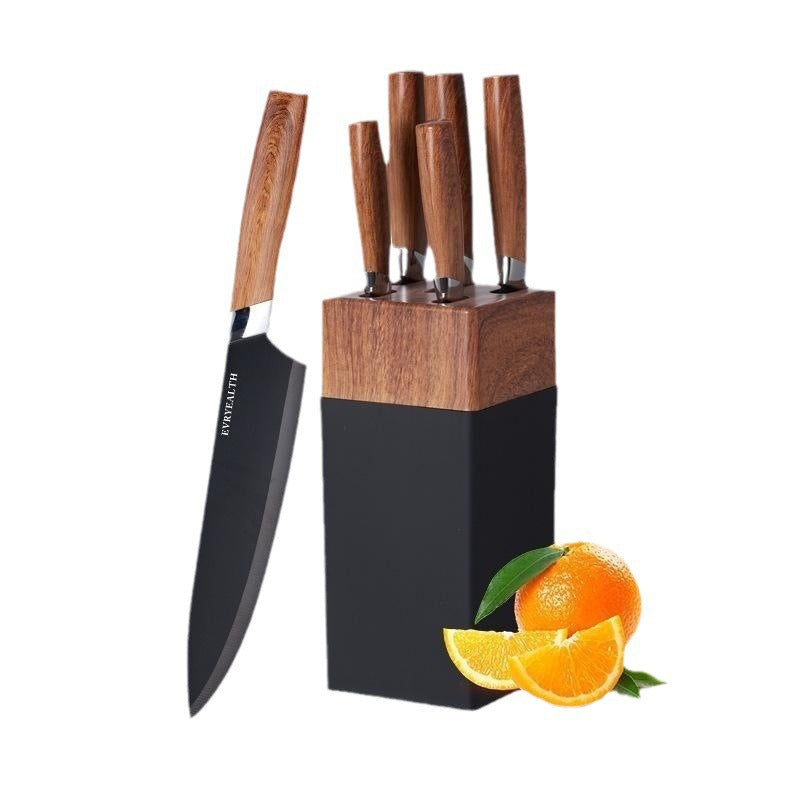 Kitchen Wood Grain Handle Steel 6-piece Meal Knife Set Stainless Steel with Holder Bracket Knife Set