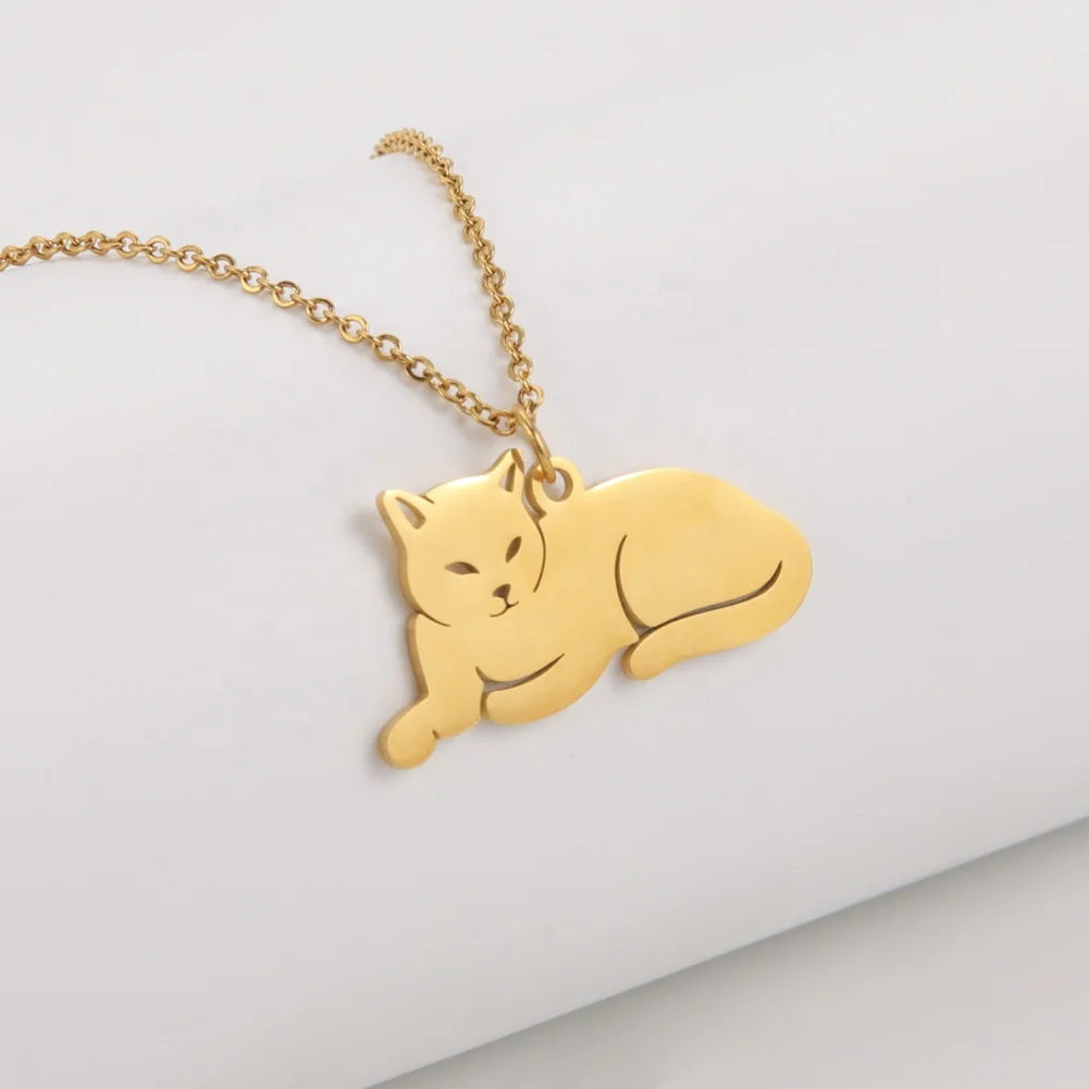 Fashion Cat Pendant Necklace for Women Girls Gold Color Chain on the Neck Kitten Animal Stainless Steel Jewelry Gift Wholesal