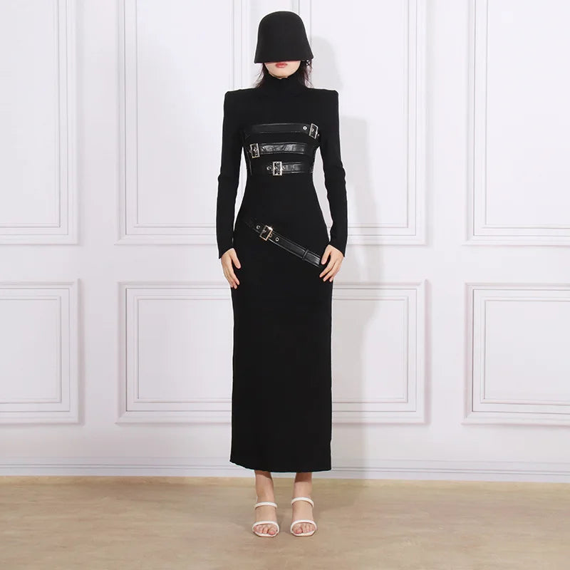 2024 Spring New Fashionable Women's Long-Sleeved Dress with Stand-Up Collar PU Splicing Slim Design Woven Long Skirt with Sli