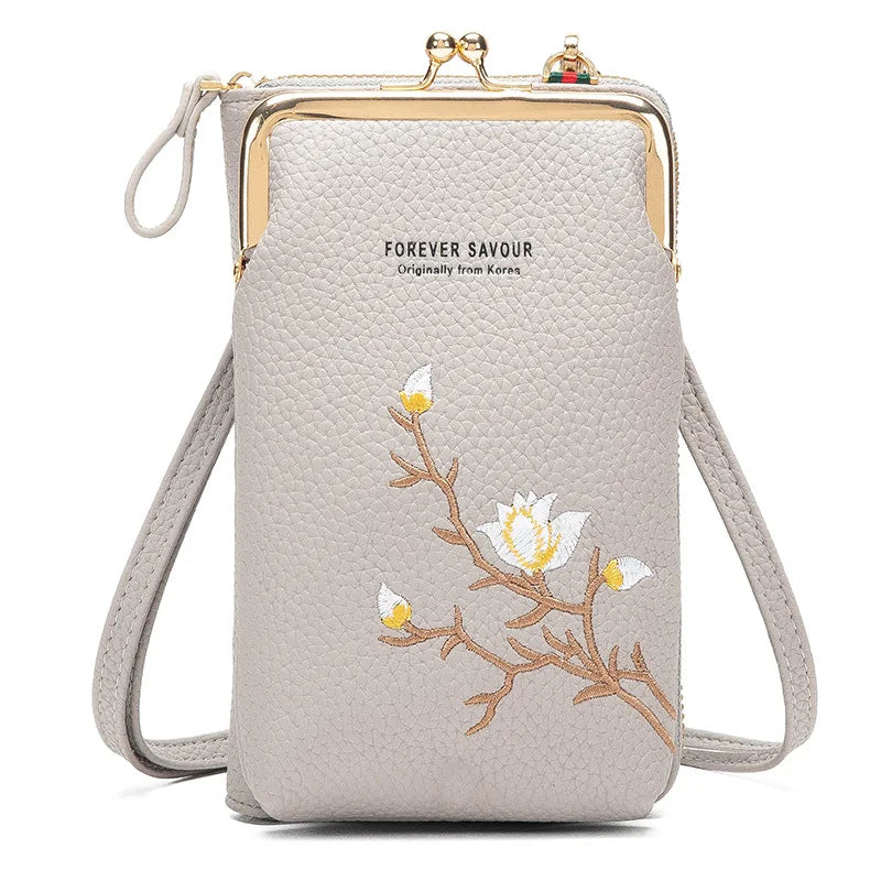 Kunhao New PU Pearl Rivet Embroidery Diamonds Beading Criss-cross Crossbody Long Fashion Women's Mini Mobile Phone Purse