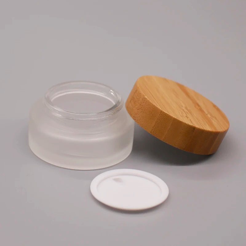 Hot Selling 30g Frosted Bamboo Cosmetic Jar clear and Frosted Bamboo Lid Glass Jar Cosmetic with Bamboo Cap