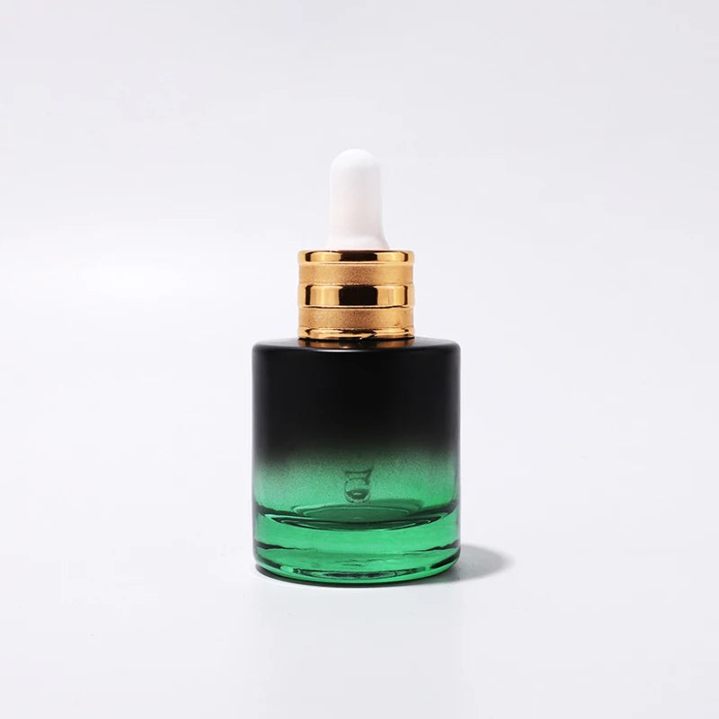 Low Moq 30 ml  Flat Shoulder Cosmetics Serum Essential Oil Hair Oil Glass Dropper Bottles  with Gold Cap