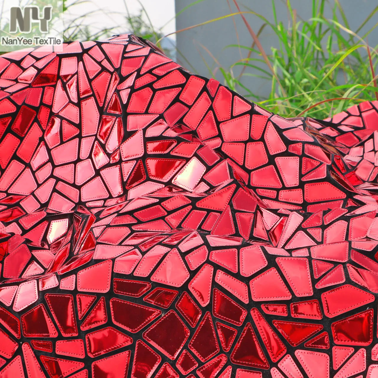 Nanyee Textile Metallic Block Texture Embroidered Big Red Sequin Velvet Fabric