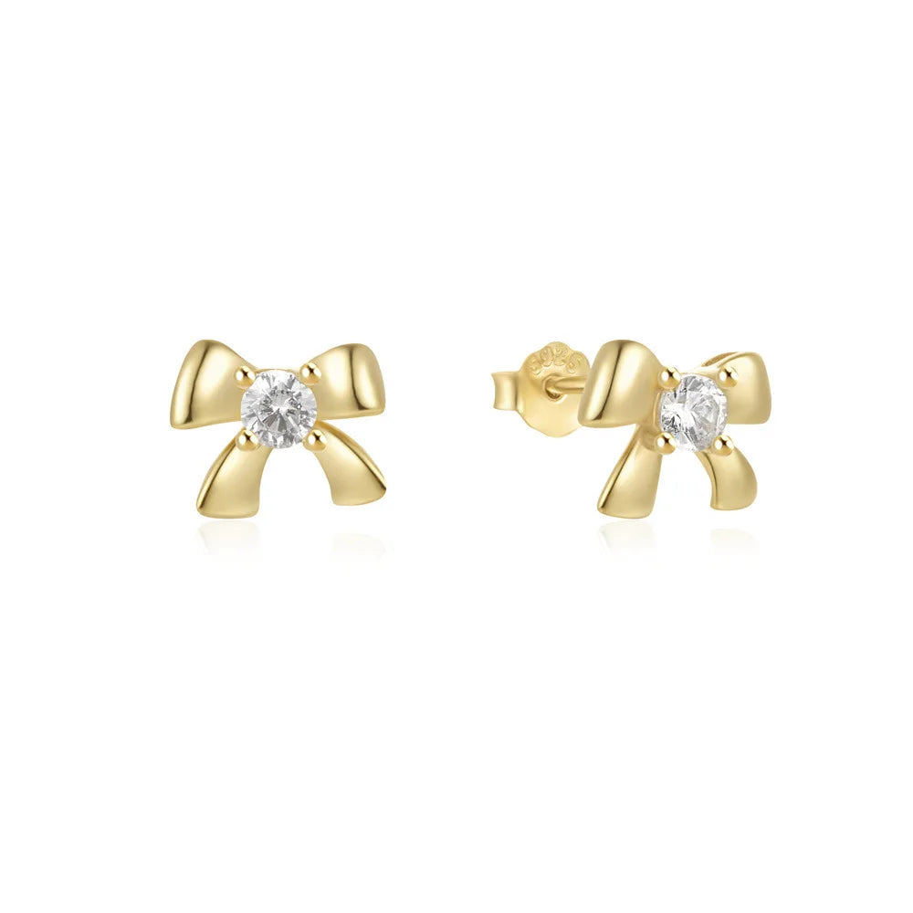 Fashion Earrings Jewelry 925 Sterling Silver Earrings Bow Bowknot Diamond Gold Plated Stud Earrings for Women