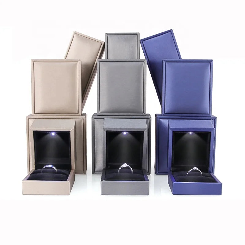 LED Light-Up Square Luxury Velvet Quality Handmade PU Leather Jewelry Ring Box Wedding Engagement Necklace Bracelet Packaging