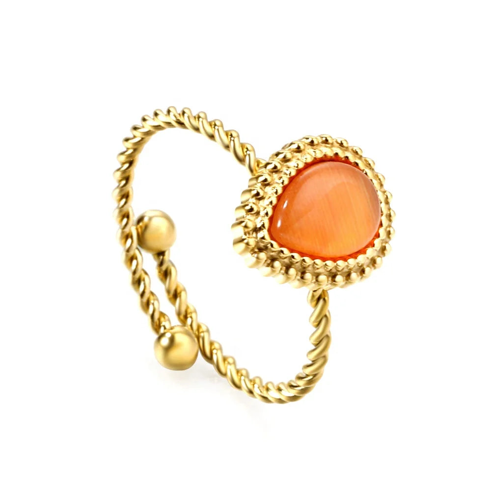 Waterproof 18K Gold Plated Ring Fashion Women Opening Ring Teardrop Lace Natural Stone Stainless Steel Ring