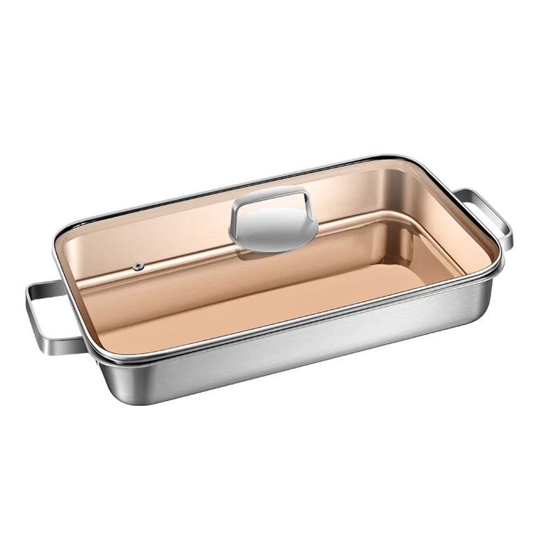Thicken 316 Stainless Steel Rectangle Frying Pan Fish Pan 38cm With Glass Lid for Gas Stove and Induction Cooker