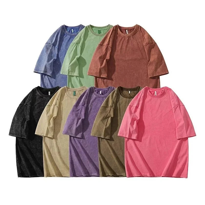 DTG Custom Heavyweight 100% Cotton T-Shirts Oversized Vintage Acid Wash Design Drop Shoulder Streetwear for Plus Size Knitted