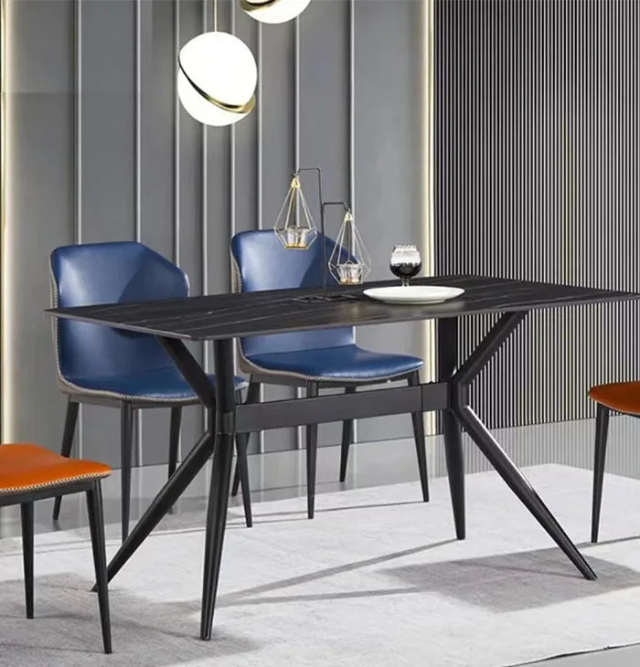 Luxury Black Rectangle Slate with 4 Carbon Steel Legs Dining Table for Family Home Living Room