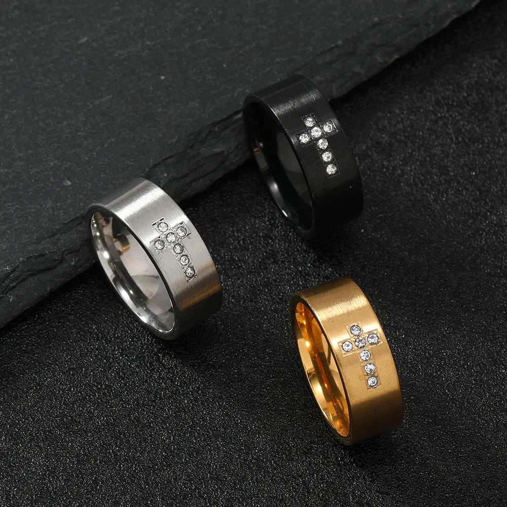 Hot Selling Handsome Gold Plated Ring Cool Zircon Stainless Steel Cross Ring for Men