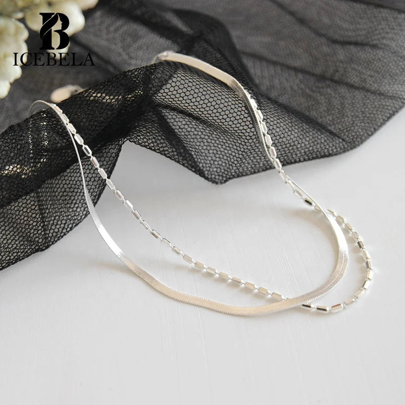 ICEBELA Fine Jewelry S925 Elegant Sterling Silver Women's Double-Layer Chain Snake Bone and Bead Ball Chain Anklet for Women