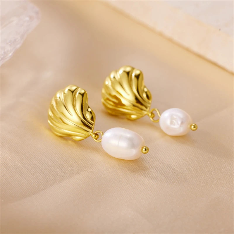Waterproof Gold Plated Stainless Steel Dangle Earrings for Women Shell Pearl Earrings