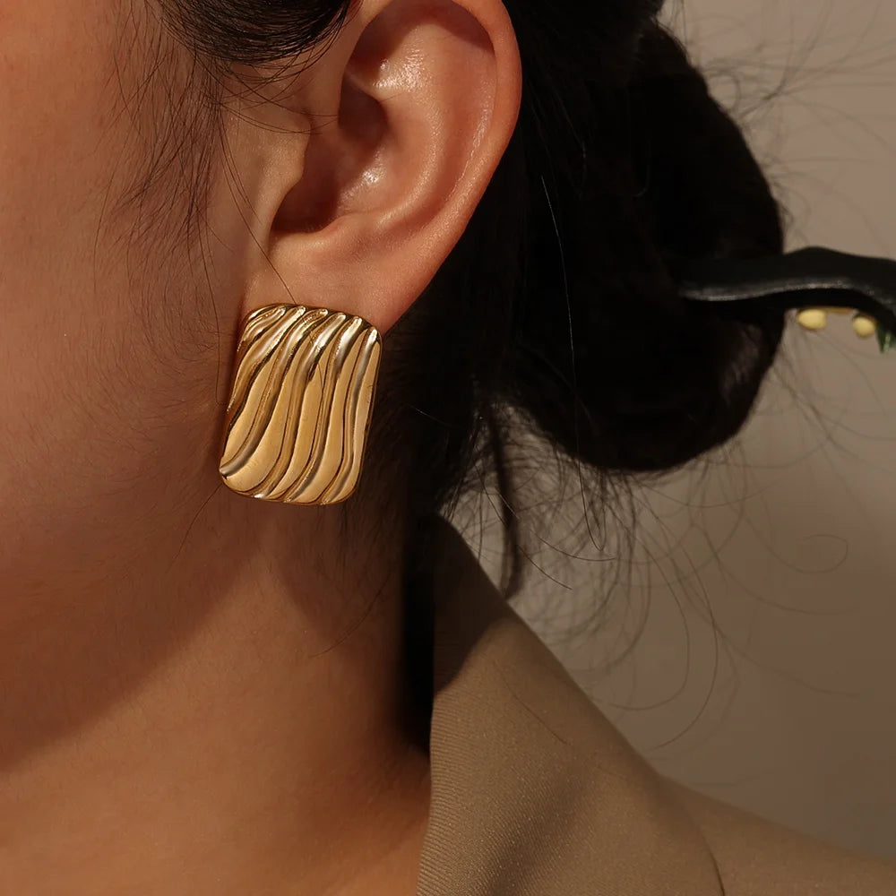 Geometric 18k Gold Plated Stainless Steel Texture Vintage Square Stud Earring Tarnish Free Chunky Rectangle Texture Earrings