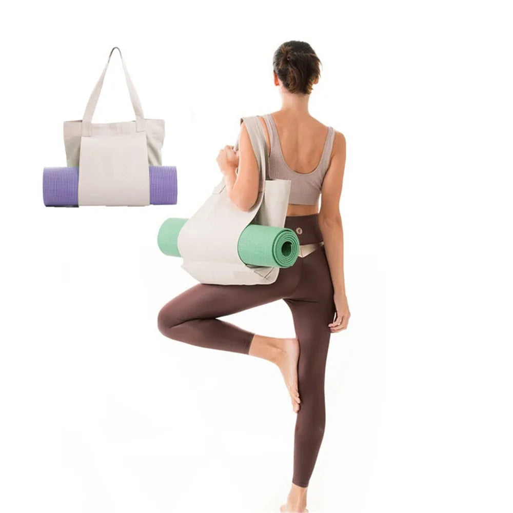Canvas Tote Bag With Yoga Mat Carrier Pocket Carryall Shoulder Bag for Office Workout Pilates Travel Beach and Gym