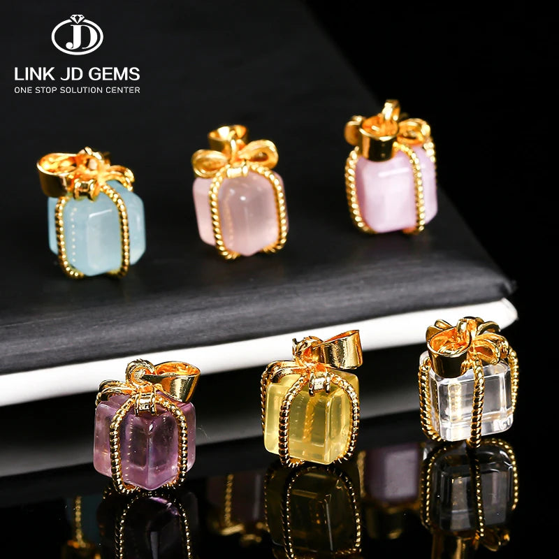 JD Gold Plated Natural Amethyst Rutilated Quartz Crystal Gift Box Copper Buckle Cute Style 10x15mm Anniversary Pendant Neckla