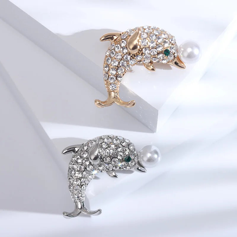 Cute Brooch Jewelry Clothing Accessories Pearl Scarf Pin Animal Brooch Rhinestone Pearl Dolphin Brooch Pin for Women