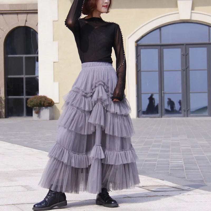Skirt for Women High Waist Casual Ball Gown Skirts Female Fashion New Clothes _ Spring Black Patchwork Mesh Skirts