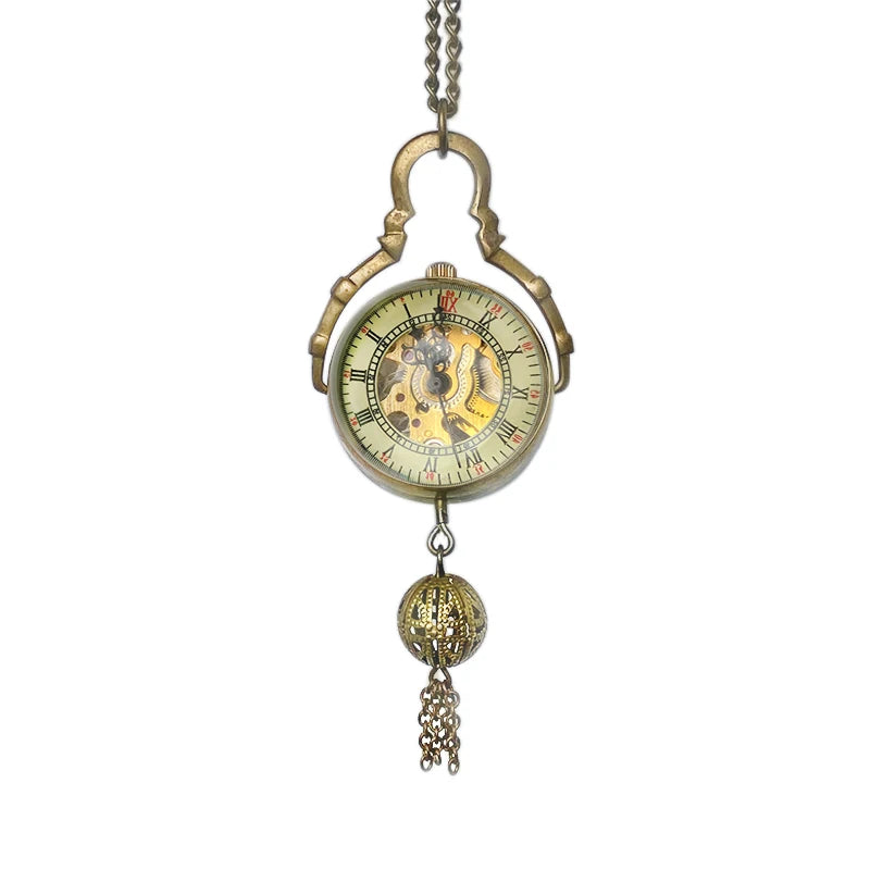 BOSHIYA Robotic Wind Pocket Watch Men Women Vintage Necklace Pure Copper Mechanical Glass Ball Antique Skeleton