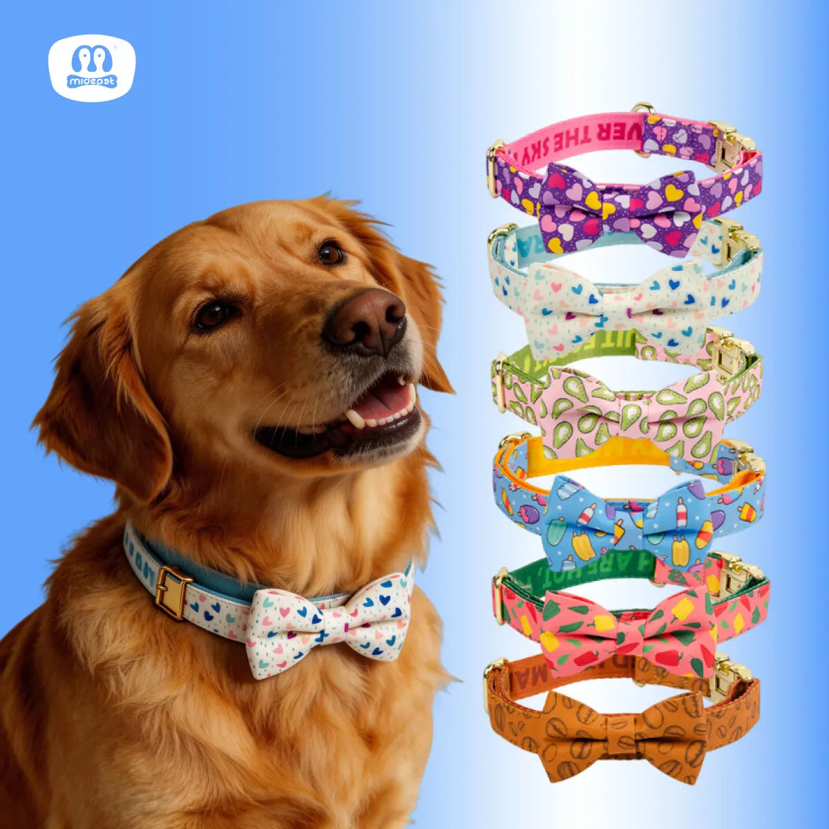 MIDEPET High Quality Sublimation Gold Pet Dog Collar Valentine's Day New Year Gift Dog Sprint Collar with Print Pattern Bow T