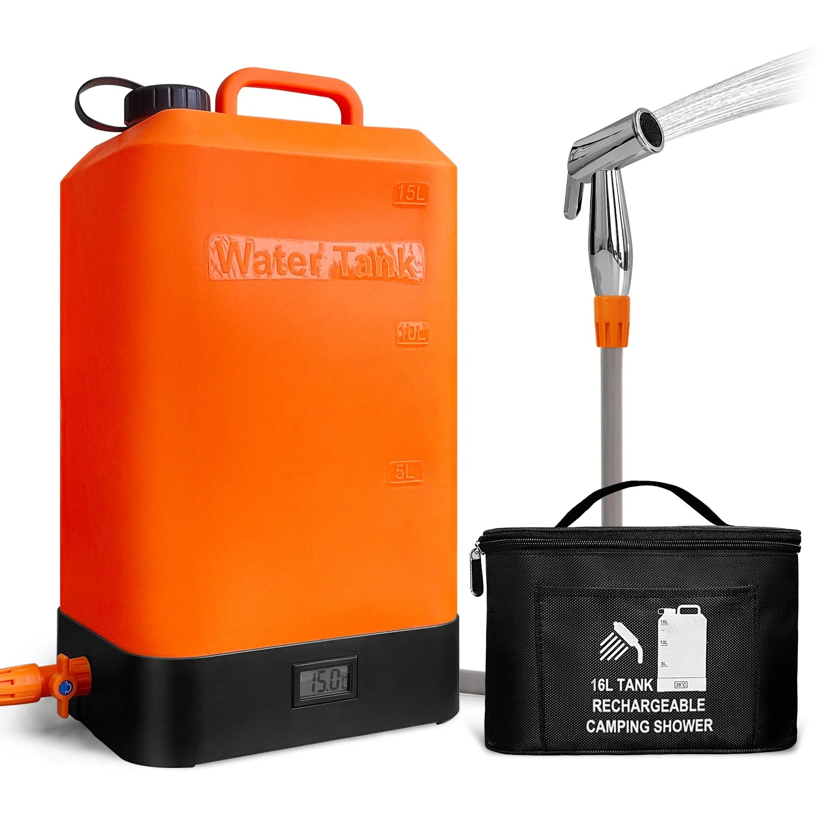 Portable Outdoor Shower 4.5 Gallon Silicone Water Tank Battery Powered and with Temperature Display Solar Heating Easy to Car
