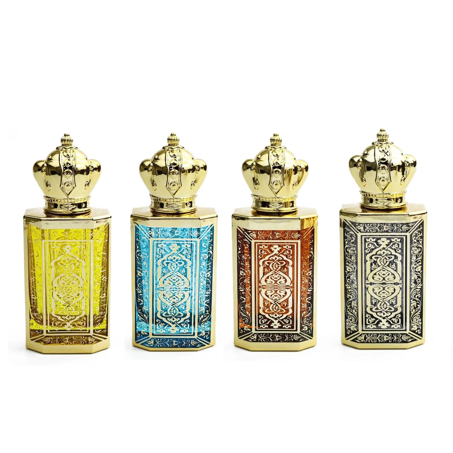 Factory Customized Arabic Style Flat Perfume Bottle with Screen Printed Gold Design and Screw Cap
