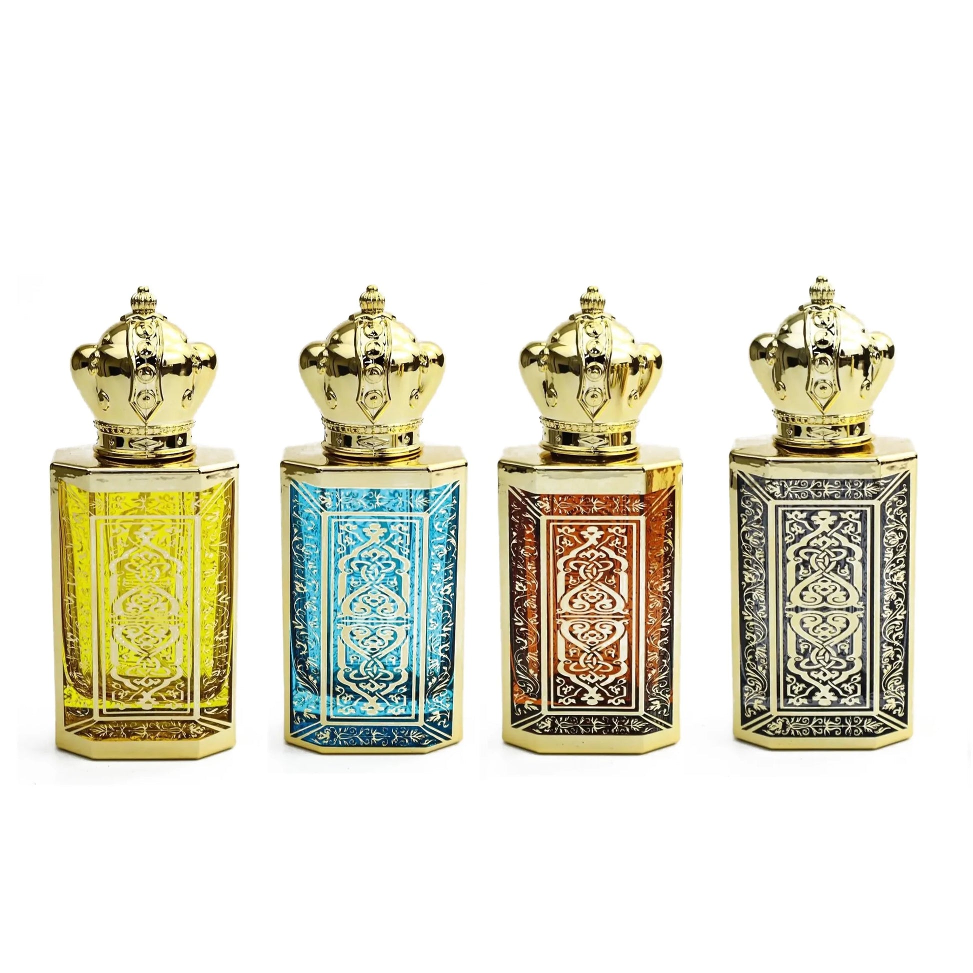 Factory Customized Arabic Style Flat Perfume Bottle with Screen Printed Gold Design and Screw Cap