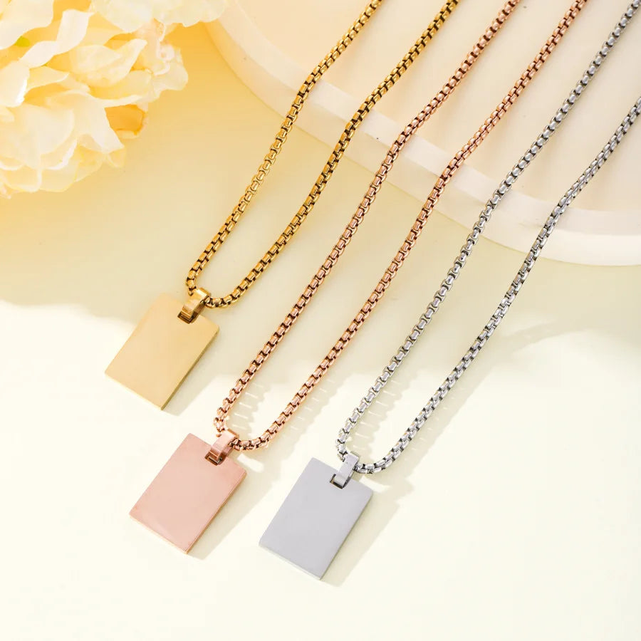 New Style Stainless Steel Gold Plated Square Glossy Engraved Pendant Necklace Bijoux En Acier Inoxydable for Men
