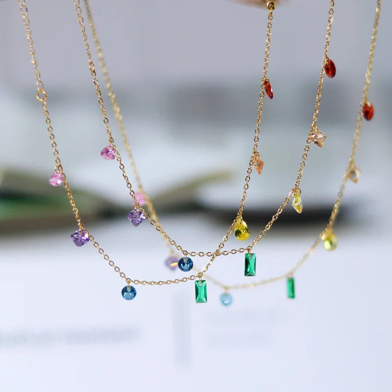 Exquisite 18k Gold Plated Stainless Steel Link Chain Bracelet Colorful Iced Out Zircon CZ Choker Necklace Jewelry Set