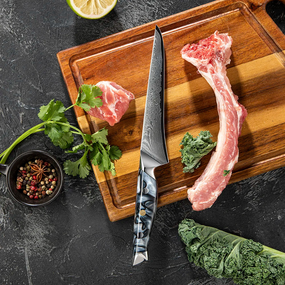 Hitachi Japan SKD11 Damascus Steel Moonrise Pattern Kitchen Fillet Knife Boning Knife Fishing Knife with Acrylic Resin Handle
