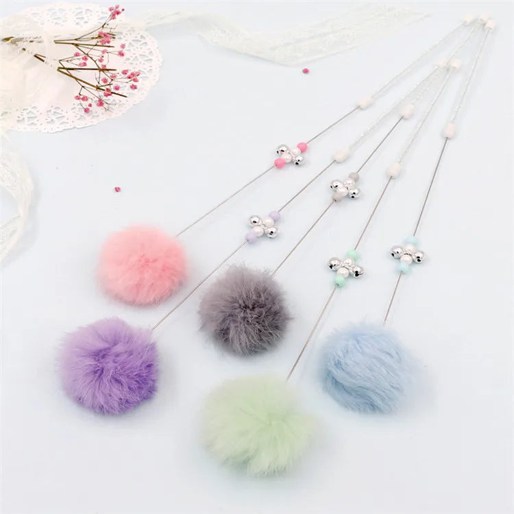 Hot Sale Pet Product Colorful Plush Interactive Little Furry Ball Candy Colors Funny Stick Cat Teaser Toy