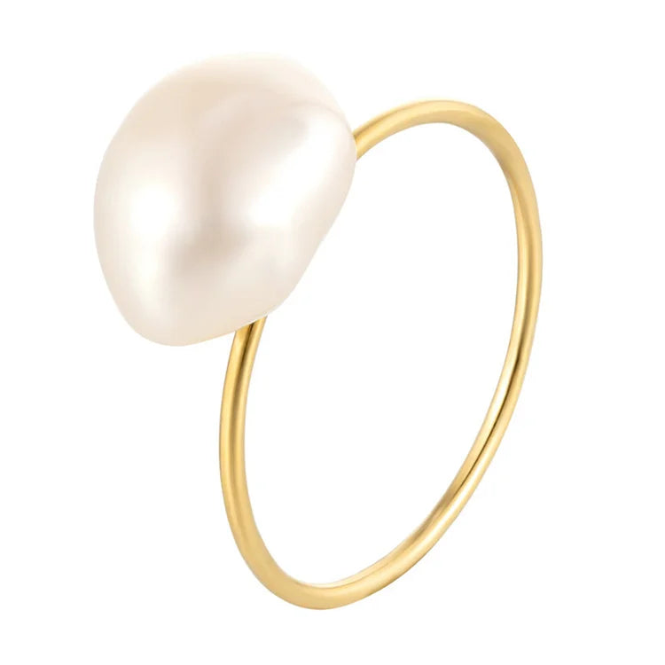 Wholesale Simple Fashion Jewelry Dainty Gold Plated Stainless Steel Irregular Natural Freshwater Pearl Ring