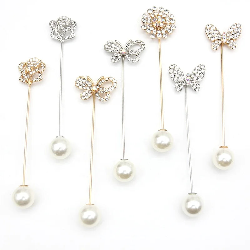 Fashion Metal Long Needle Crystal Rhinestone Flower Butterfly Pearl Lapel Pin One Line Brooch Jewelry