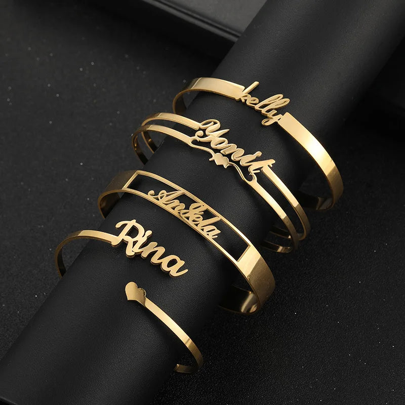 Custom DIY Adjustable Hollow Cuff Bracelet Bangle Name Stainless Steel Bangle for Women