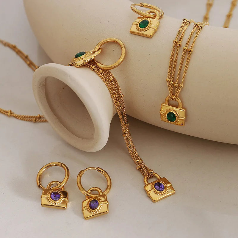 Luxury New Fashion Thick Chain Green Zircon Lock Pendant Stainless Steel Necklace Earrings Jewelry Set for Women