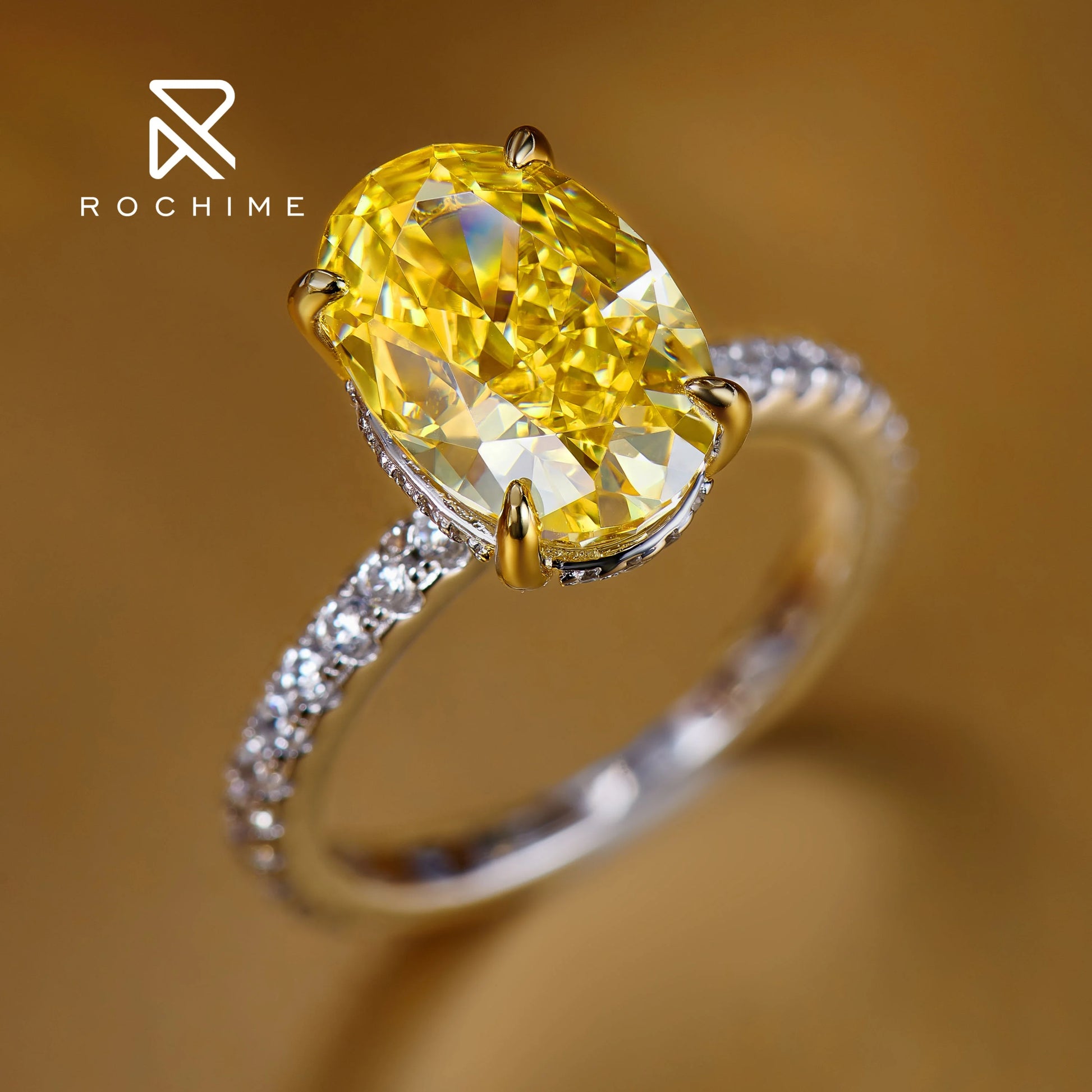 Rochime Classic Oval Yellow Gemstone Ring 925 Silver Rhodium Plated 5A CZ Luxury Women Jewelry Bulk Supply