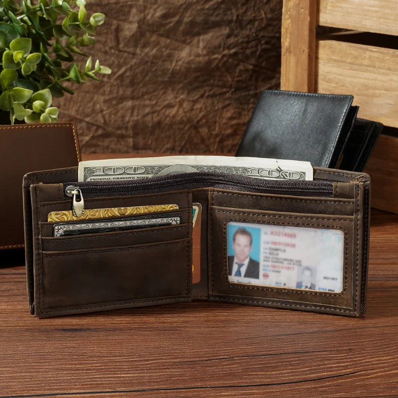 Custom Engraved Vintage Crazy Horse Bifold Genuine Leather Wallet RFID Protected Open Closure Short Polyester Lining Anti-The