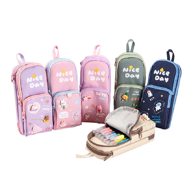 Simple Cartoon Large Capacity Canvas Stationery Box Creative Zipper Schoolbag Type Hand Account Pencil Bag Student Storage Ba