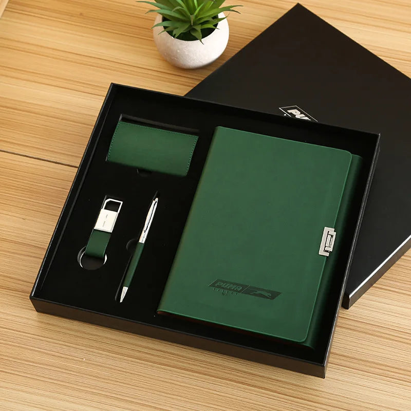 Hot Selling Luxury Custom PU Leather Notebook Keychain Business Card Holder Office Business Customized Gift Set Pink Blue