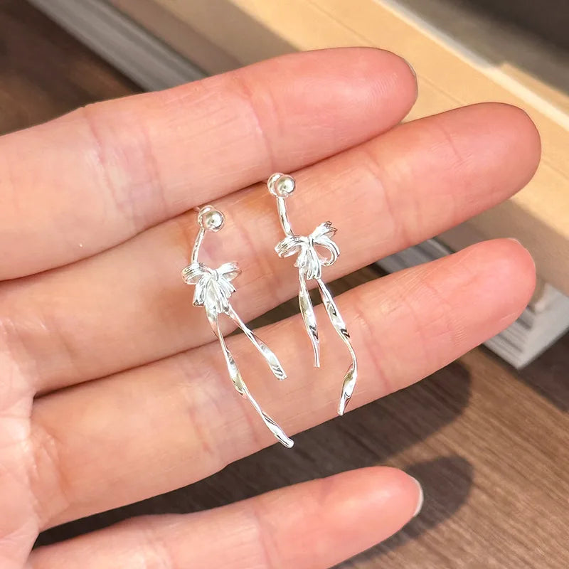 Fashion Long Bow Knot Earring 925 Silver Stud Earrings
