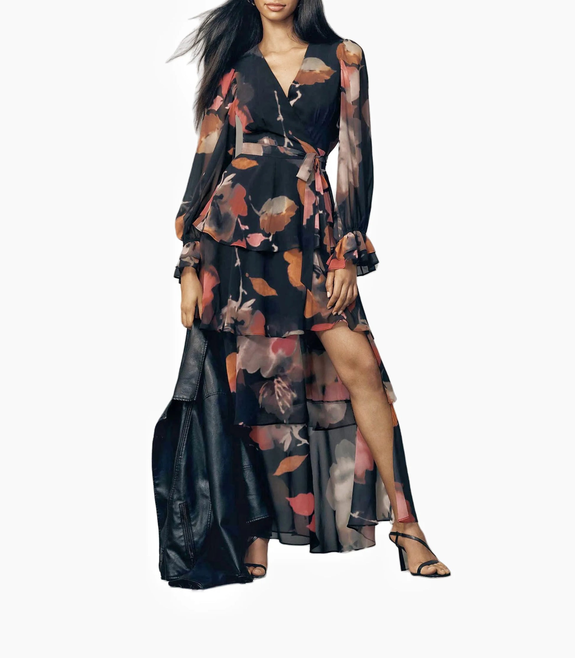 New for 2024  V-Neck High-Waisted Puff Sleeves Pattern Women Muslim Dress