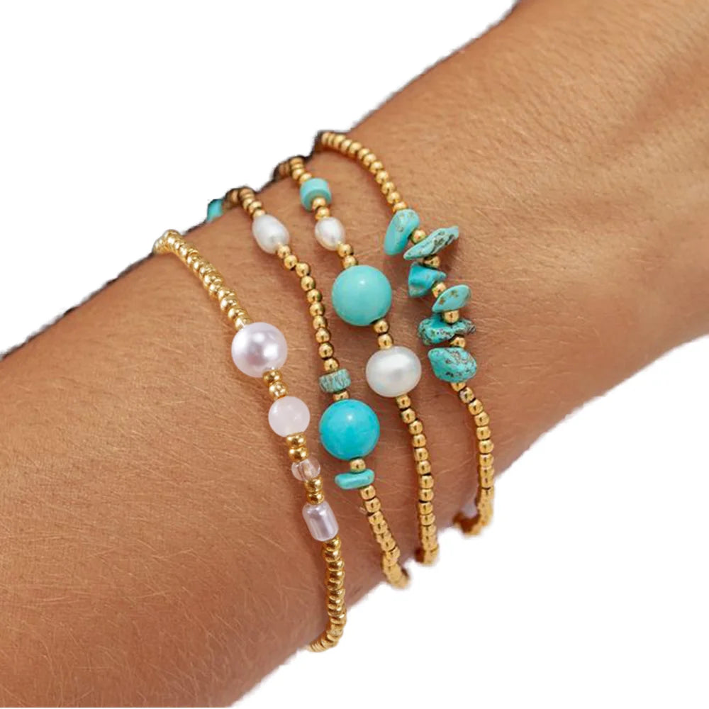 Go2boho 4PCS Stretch Turquoise Detritus Set of String Faux Pearl Bead Bracelets for Women Parenting Jewelry of Mom and Daught