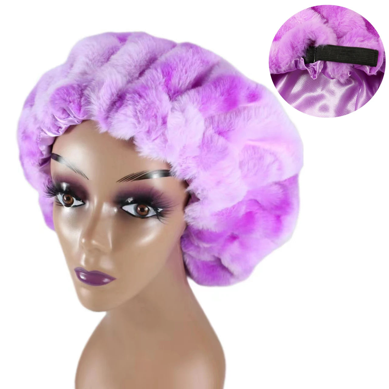 HZM-23252 Luxury Women Fuzzy Adjustable Bonnets Sleeping Hair Cap Custom Brand Velvet Satin Designer Fur Reversible Bonnets
